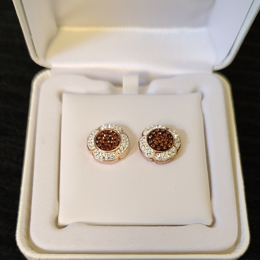 NWT Forever Radiant Sparkle Rose Gold Over Silver Brown/White Crystal Earings